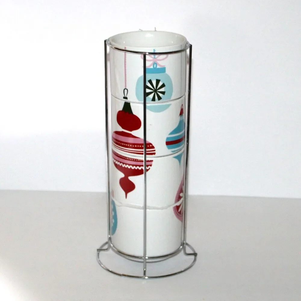 Pier 1 set 4 Stacking Mugs on metal stand Christmas ornaments